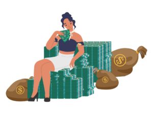 Rich girl sitting on dollar bills, cash money stack, flat vector illustration. Wealthy business woman, happy lady millionaire. Financial success, wealth.